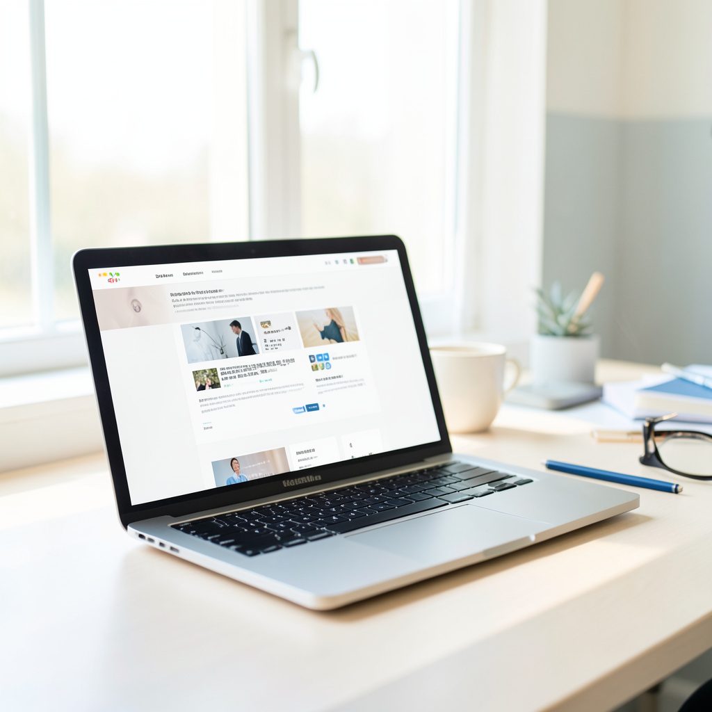 A bright, airy desk workspace with a laptop displaying a clean website layout, warm natural light, and a neutral modern office setting