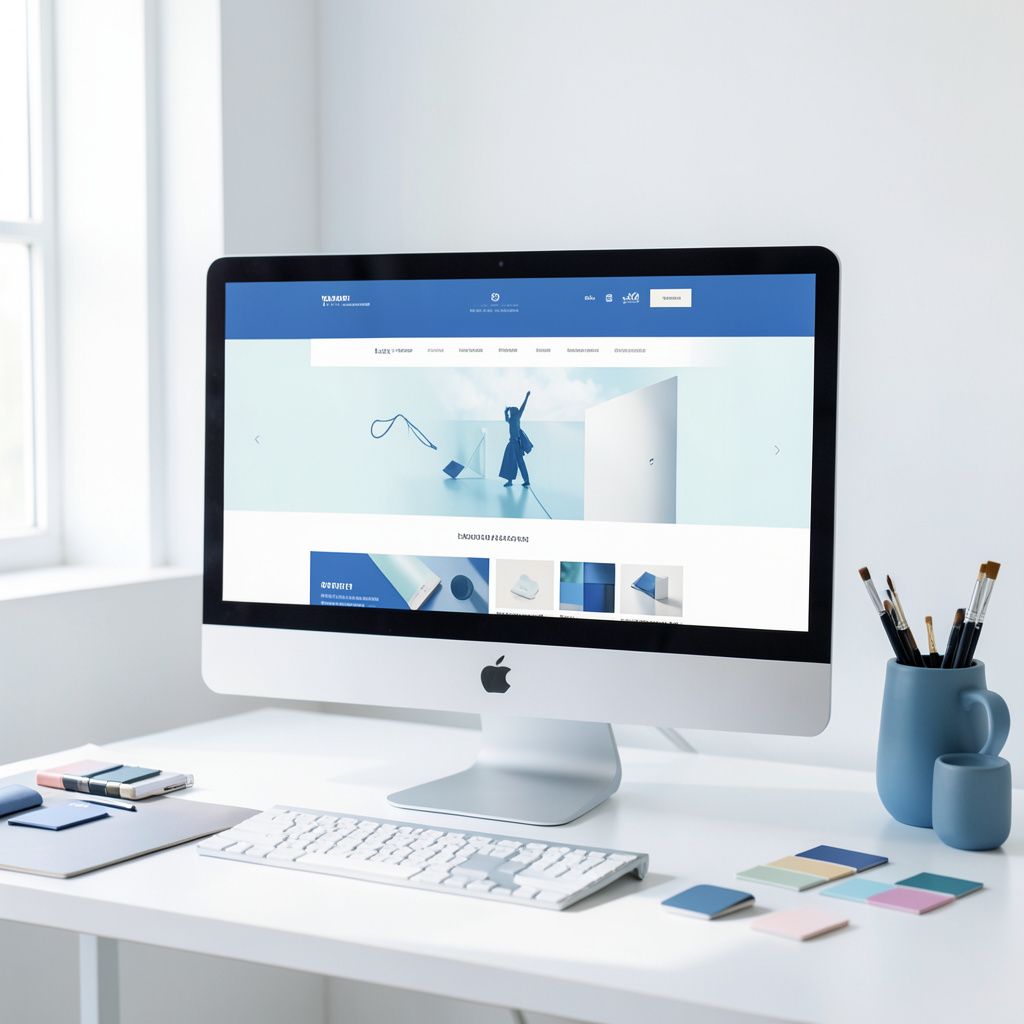 A minimalist creative studio workspace with a large monitor showing a bold graphic homepage, surrounded by design swatches and natural light