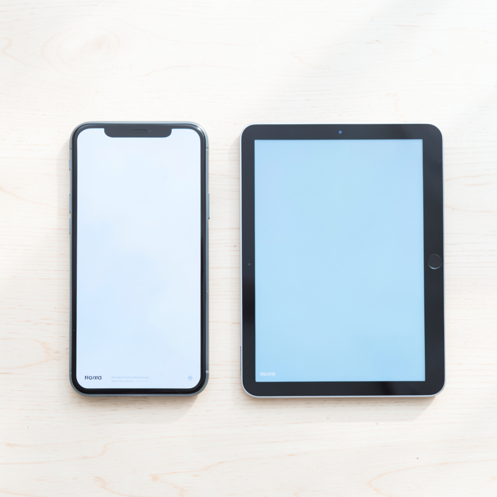 A flat lay of a smartphone and tablet side by side showing coordinated brand visuals in soft daylight on a light wood surface