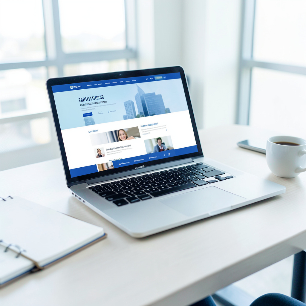 An open laptop on a conference table showing a polished corporate homepage, with a notebook and coffee cup nearby, bright office daylight